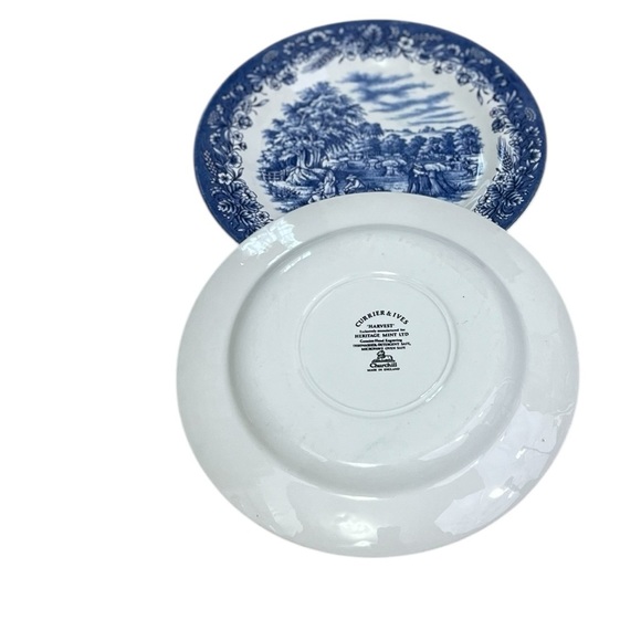 3 Currier and Ives "Harvest" Churchill Dinner Plates 10.25" Blue White England - Picture 2 of 8